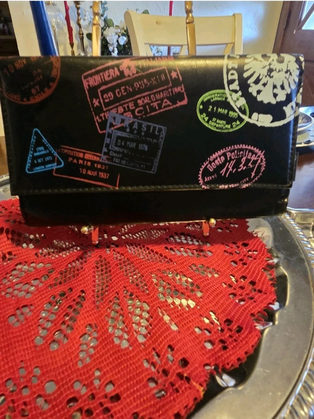 Black Passport-Stamp Print Clutch Travel Wallet